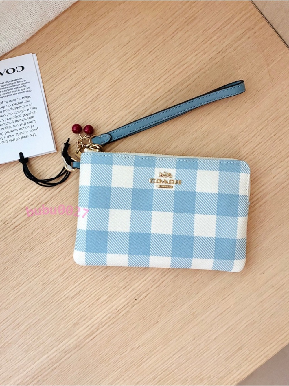 NWT🦋Coach Corner Zip Wristlet With Gingham Print And Cherry Charm Blue CEX59